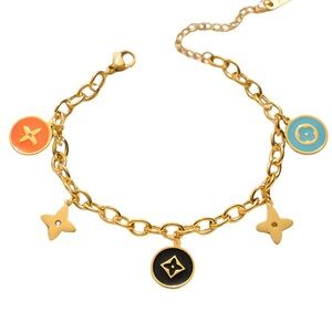 18K Gold Clover & Flower Candy Colored Enamel Chunky Chain Bracelet No Fade